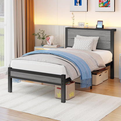 DUMEE Eenpersoonsbedframe met opslag houten hoofdeinde, 3FT metalen bedframe eenpersoonsbedbasis/matrasstichting, verbeterde ondersteuning geluidsvrij, getextureerd zwart+grijs eiken