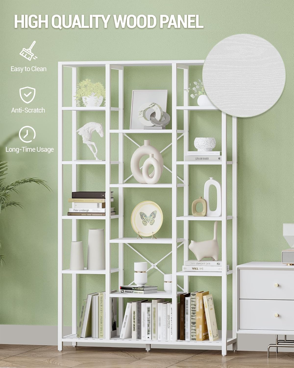 Hzuaneri Bookcase, 6 Tier Standing Shelf, 15 Shelves, Adjustable Open Shelves, for Living Room, Office, Bedroom, 30 x 100 x 170 cm, White, BC15013W