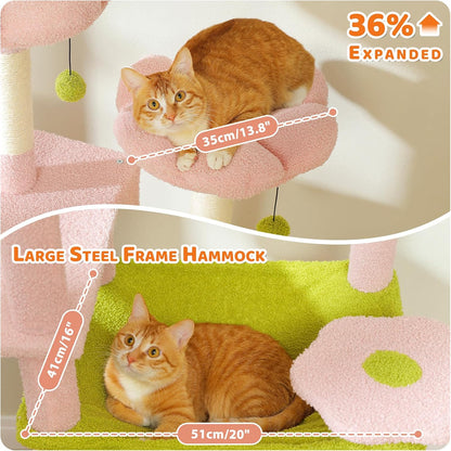 PAWZ Road Scratching Post for Large Cats, Stable, 205 cm High with Hammock, 7 Sisal Posts, Large Sitting Pole, Caves, Baskets for Indoor Cats, Pink - QUORE