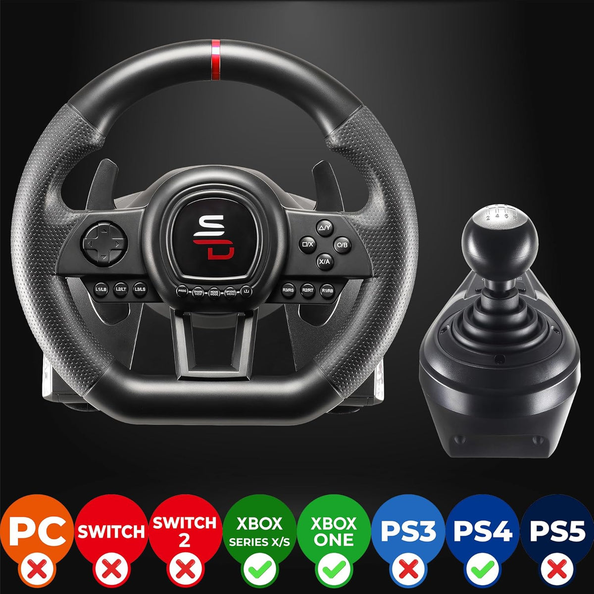 Gaming Stuur – Racestuur – Race Wheel – Simulatiestuur – Handmatig Schakelen – 3 Pedalen met Koppeling – Vibratie Feedback – Programmeerbare Schakelpeddels
