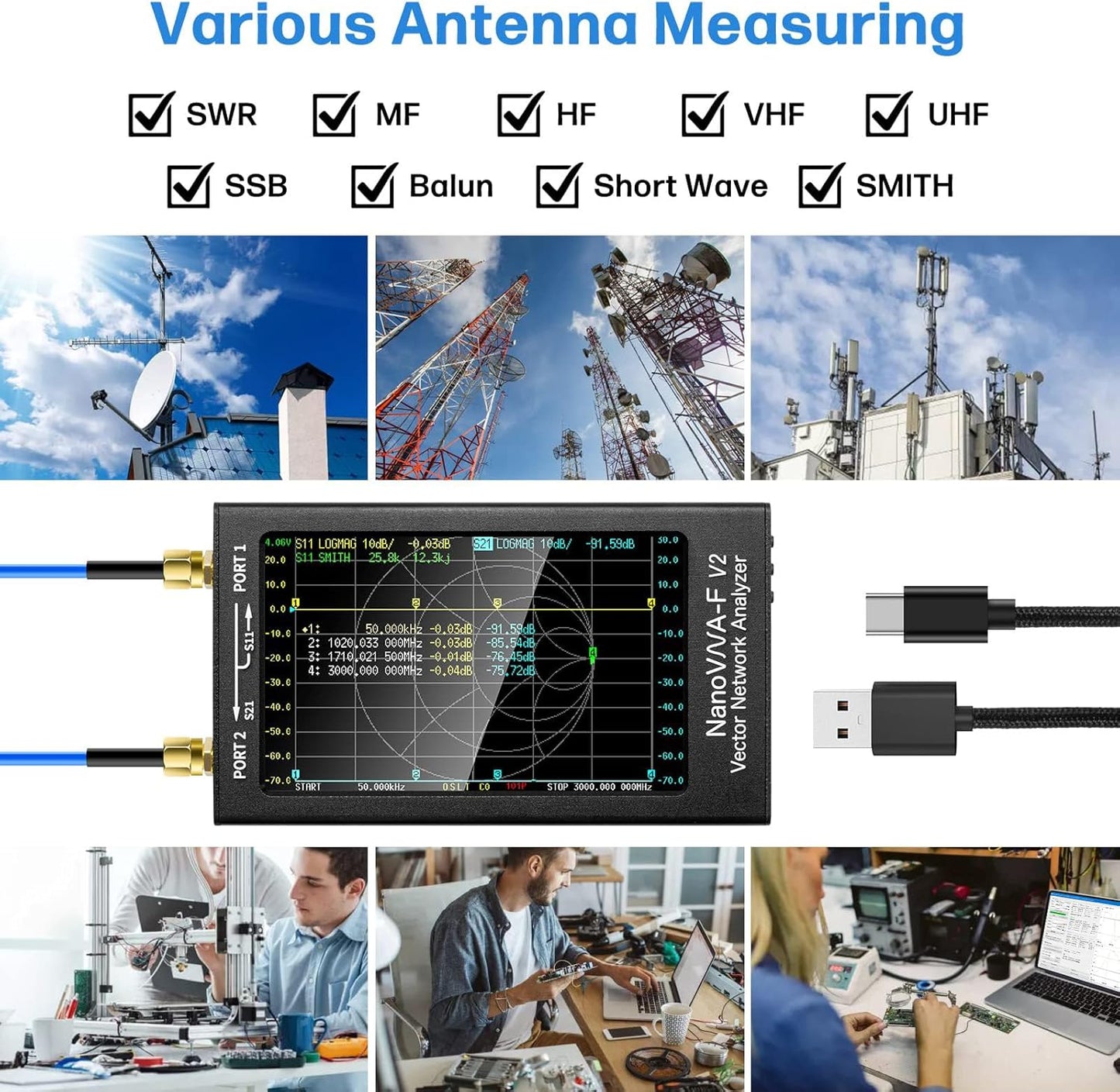AURSINC NanoVNA-F V2 Vector Network Analyzer 4,3-inch 50KHz-3GHz HF VHF UHF VNA Antenna Analyzer, S-parametermeting, SWR spanning, fase, vertraging, Smith-diagram