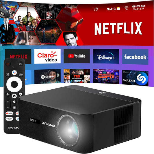 Overmax Multipic 5.2 Beamer – 4K Ondersteuning, Native Full HD 1080P, Smart Projector met Google TV & Google Assistent, Bluetooth/WiFi/Miracast, Auto Keystone, 200" Thuisbioscoop, 7000 Lumen