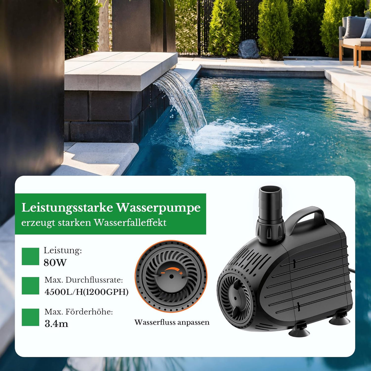 Biling Waterval voor tuinvijver met filterfunctie, zwarte roestvrijstalen watervallen, beekloopset met 80 W, 4500 l/u, vijverpomp, vijverfilter met waterval, voor tuin, waterspel, terras