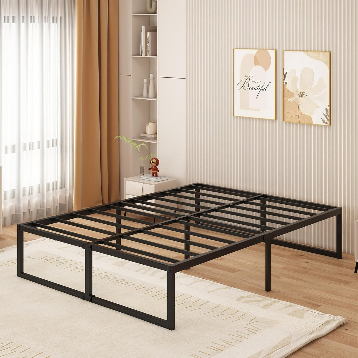 Yicensen Tweepersoonsbed 160 x 200 cm Metalen Bed Met Lattenbodem, Hoogte 41 cm, Dubbel Bedframe, Stil, Stabiel, Minimalistisch Design, Eenvoudig te Monteren, Zwart