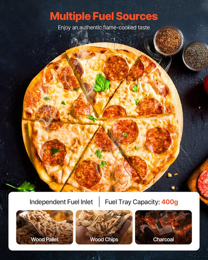 VEVOR Houtgestookte pizzaoven buiten, 30 cm automatisch roterende pizzaovens, draagbare pelletpizzamachine met thermometer en elektrisch roterend systeem, pizzasteen, draagtas en schep voor achtertuin
