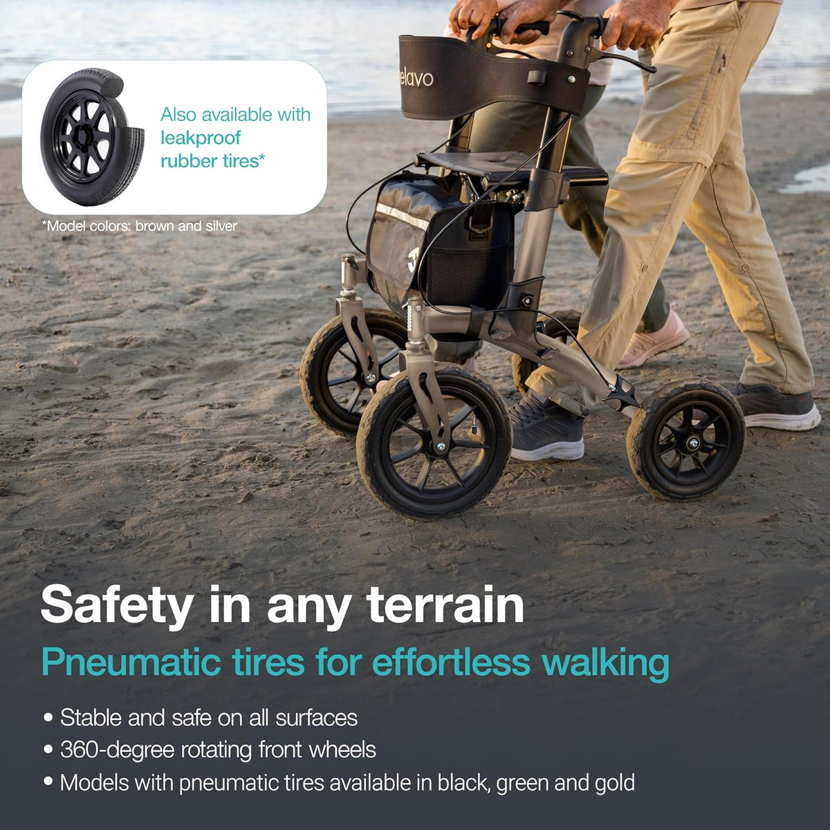 Helavo Rollator met luchtbanden voor buiten - Opvouwbaar en licht met zitfunctie, aluminium outdoor walker - Inklapbaar voor buitengebied