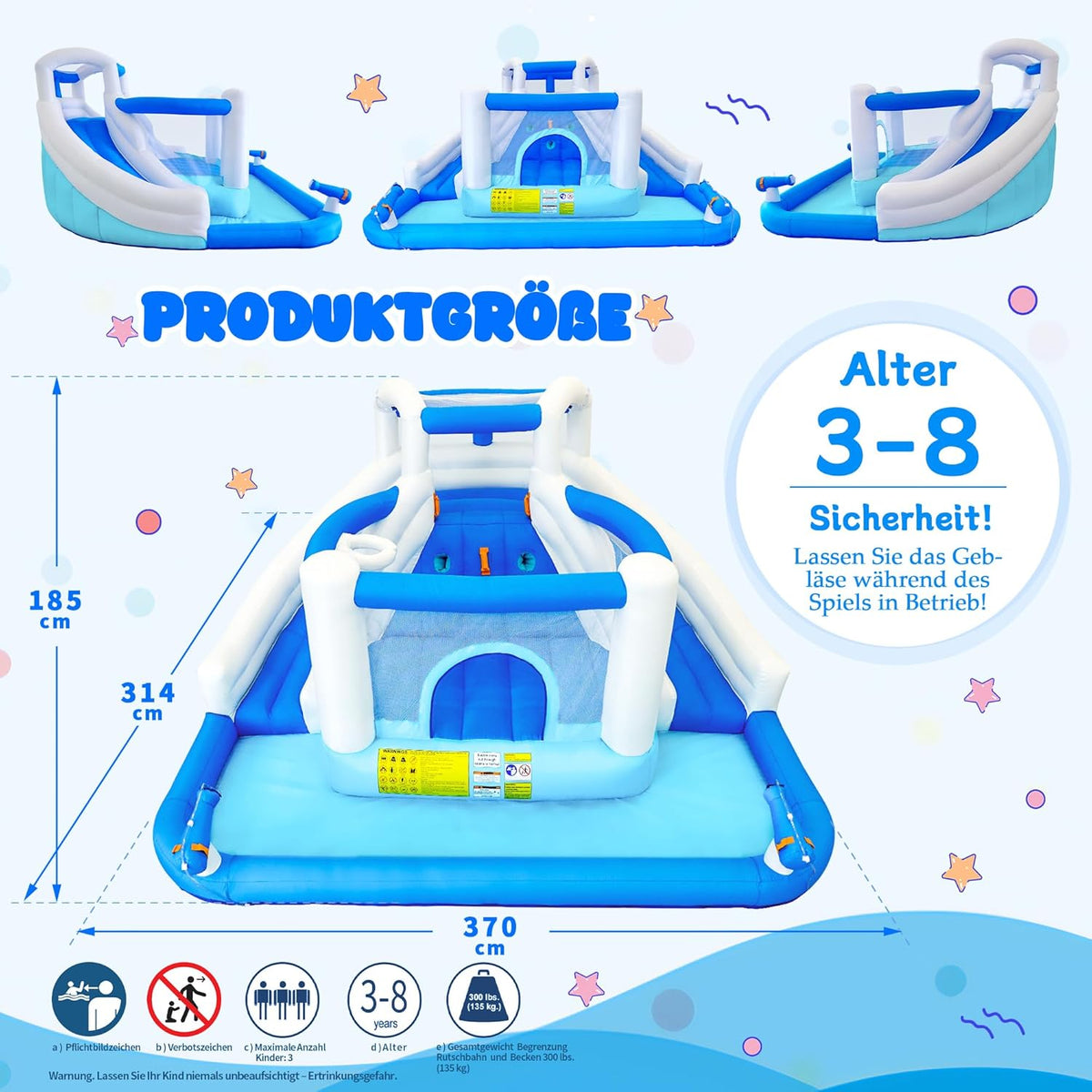 Opblaasbaar waterspeelpark, springkasteel met waterglijbaan, trampoline, basketbalkorf en 2 waterpistolen, outdoor springkasteel voor kinderen, geschikt voor tuin en feest - QUORE