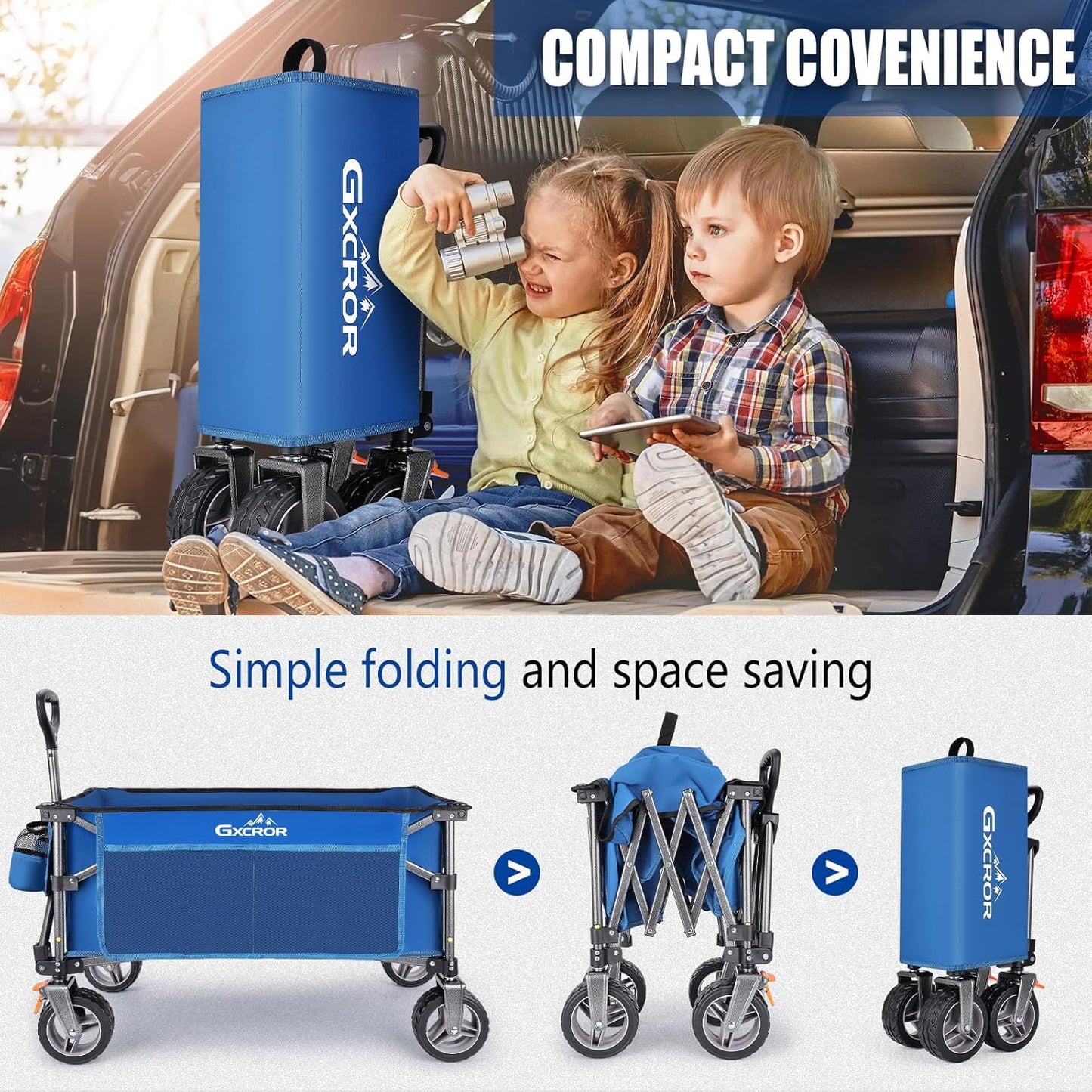 GXCROR Opvouwbare Trolleykar - 140L Heavy Duty Opvouwbare Wagon met Afneembare 14,5 cm diameter & 6 cm Brede Wielen voor Camping, Strand, Tuinieren, 130 kg Capaciteit