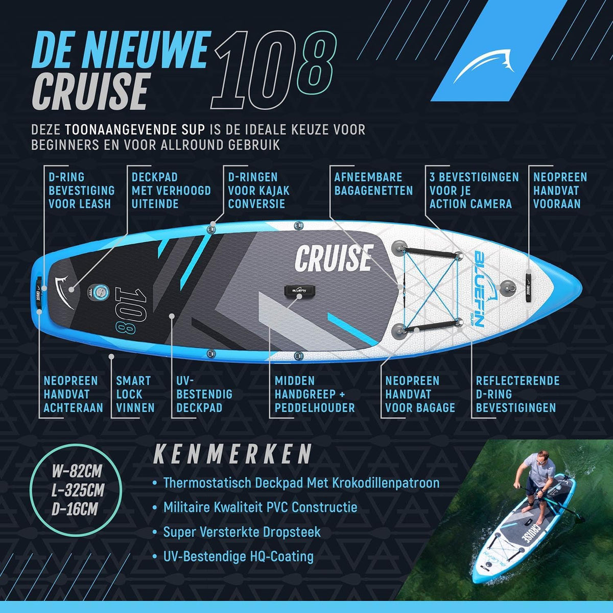 Bluefin SUP Cruise 10'8 Opblaasbaar Paddleboard voor volwassenen Makkelijk en Veilig Mee Te Nemen
