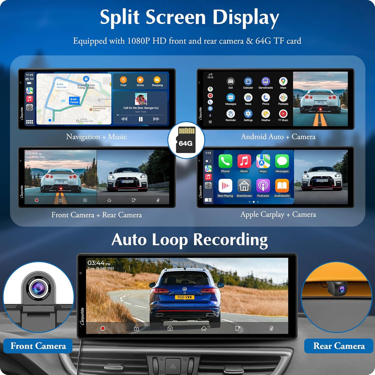 Carpuride W903 Draagbare Draadloze Carplay & Android Auto met Dashcam - 9,3" HD IPS Scherm, 4K Voor- & Achteruitrijcamera, Lusopname, Bluetooth, Spiegellink, GPS, Siri, Dashboardmontage