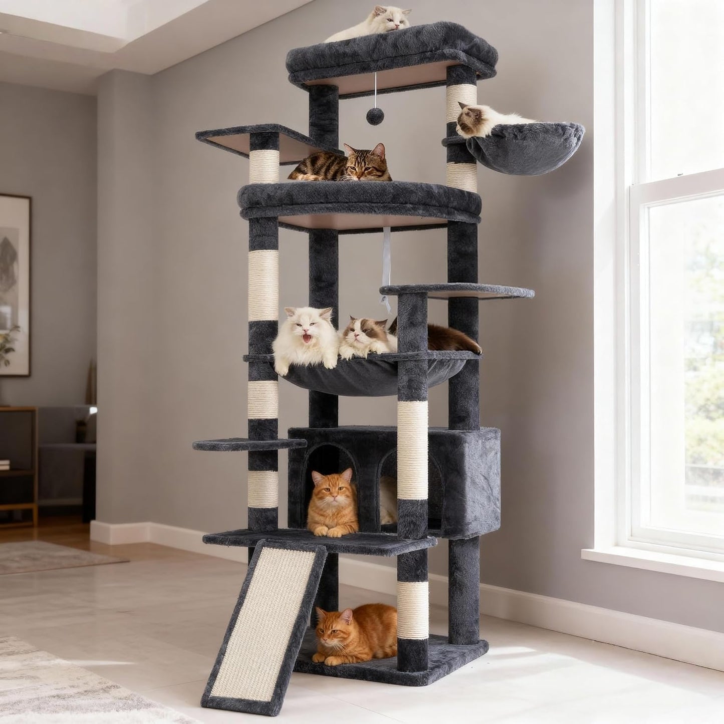 Krabpaal – Krabton – Kattenmeubel – Kattenklimpaal – Brown-Beige – Extra Groot 202 cm – Stevige Basis en XL Ligplekken - QUORE