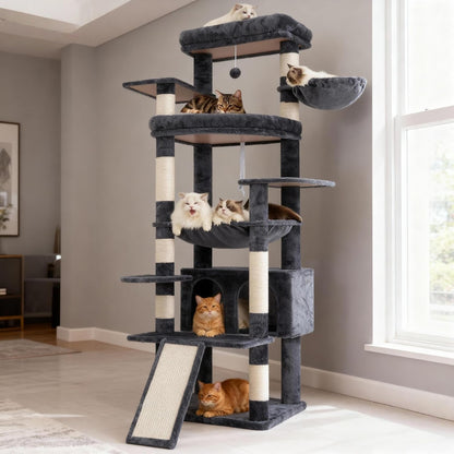 Krabpaal – Krabton – Kattenmeubel – Kattenklimpaal – Brown-Beige – Extra Groot 202 cm – Stevige Basis en XL Ligplekken - QUORE