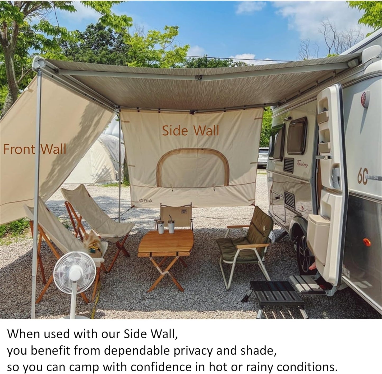 AIRIS Privacyscherm voor luifels, effectieve verduistering met ademend katoenen weefsel, waterafstotend, compatibel met Fiamma, Thule, Dometic (390 x 190)