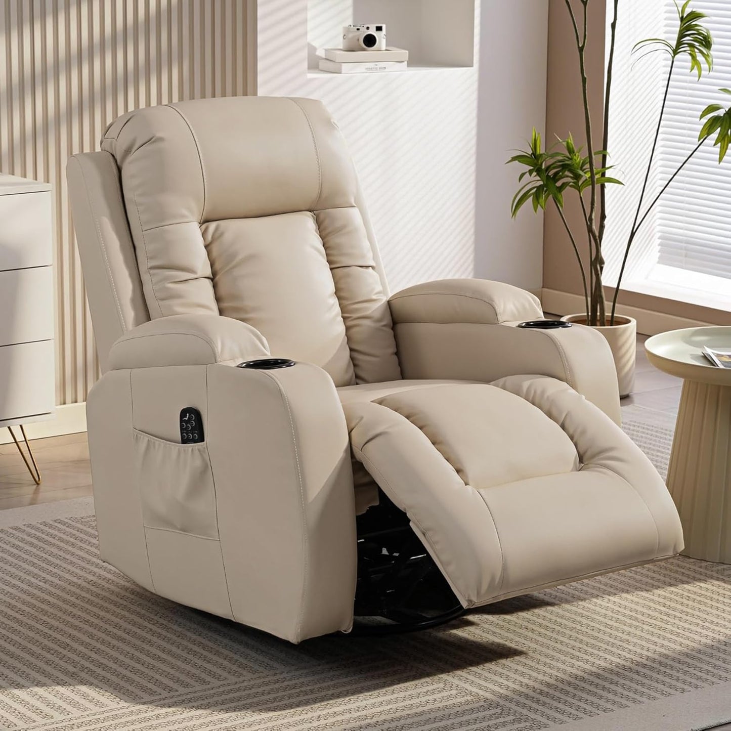 HOMCOM Massagestoel TV-stoel Relaxstoel met warmtefunctie, ligstoel met afstandsbediening, bekerhouder, crèmewit 85 x 94 x 104 cm