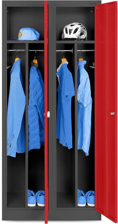 Stalen Kast Garderobekast Dubbele kast 2 compartimenten Etikethouder Scheidingswand Ventilatiesleuven Poedercoating 180 cm x 80 cm x 50 cm (Antraciet-Rood)