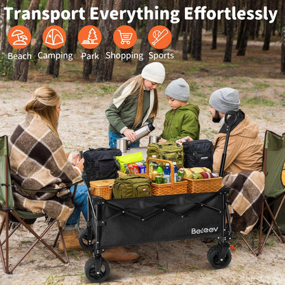 BELEEV Inklapbare Handwagen, Zware Klasse All-Terrain Handwagen met 6in Grote All-Terreinwielen, 130L Grote Capaciteit, Zijzakken & Drankhouders voor Strand Tuin Camping Sport Winkelen -Black