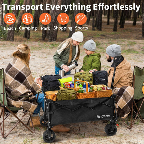 BELEEV Inklapbare Handwagen, Zware Klasse All-Terrain Handwagen met 6in Grote All-Terreinwielen, 130L Grote Capaciteit, Zijzakken & Drankhouders voor Strand Tuin Camping Sport Winkelen -Black