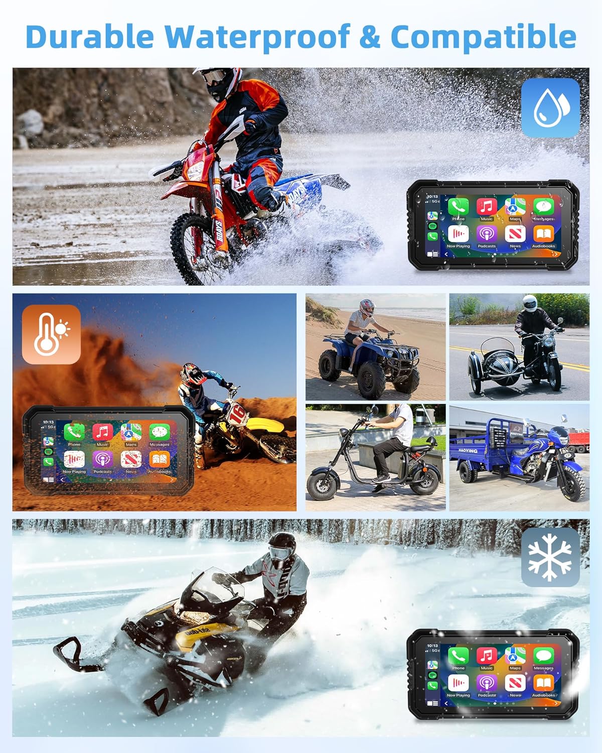 4K Motorfiets CarPlay Android Auto met Dashcam voor en achter, 6,25 inch CarPlay-scherm GPS Dashcam Motorfiets IP67 Waterdicht Touchscreen, Navigatieapparaten Dubbele Bluetooth Spraakbediening 64G TF