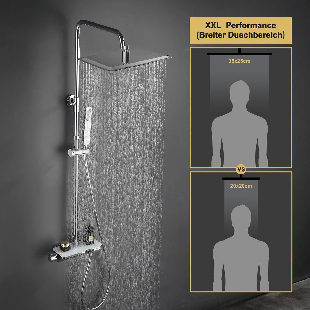 Roestvrijstalen Doucheset – Douchesysteem – Regendouche – Douchekolom – Handdouche – Thermostatische Mengkraan – XXL Regenhoofddouche 35x25 cm – Roestvrij Staal