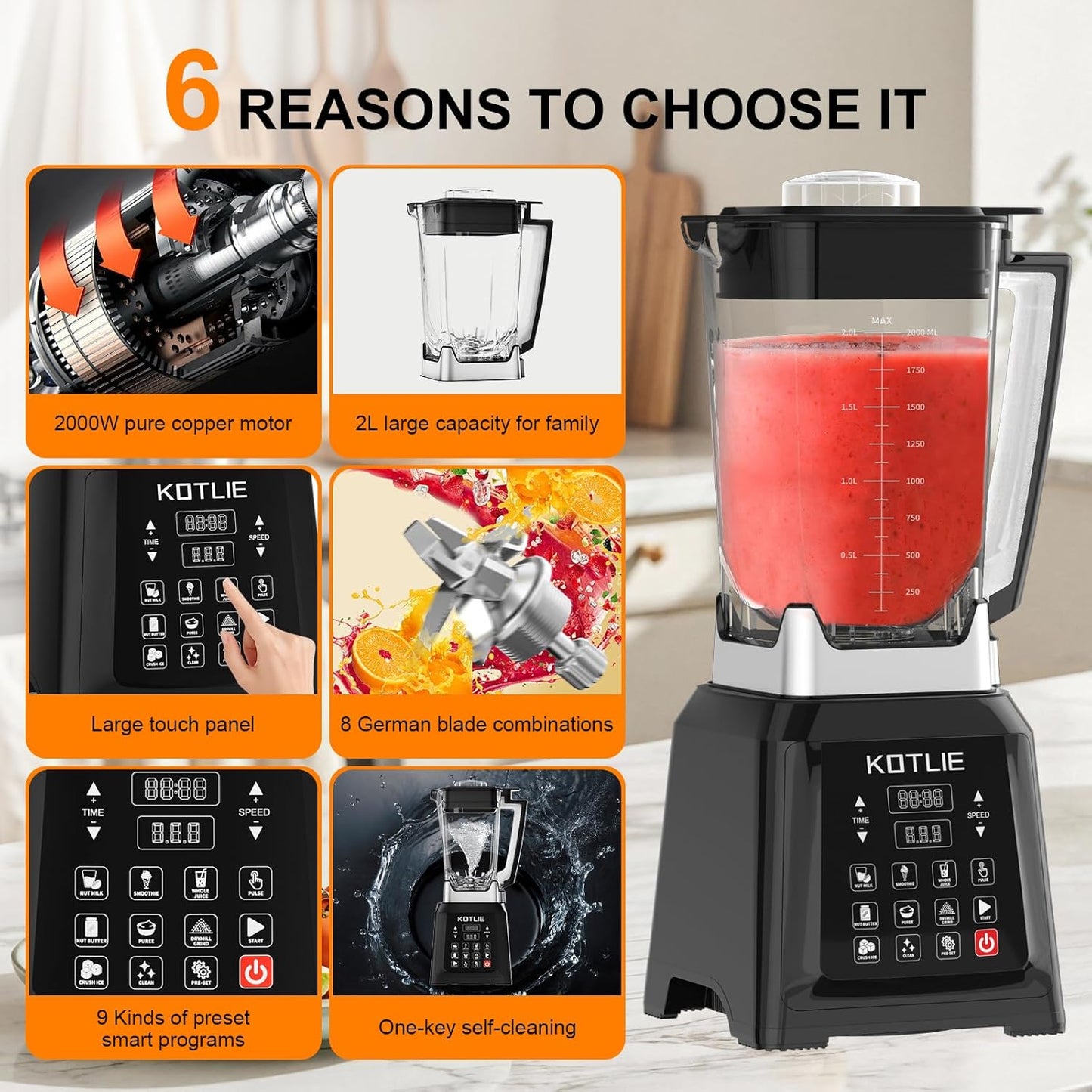 KOTLIE NY-8088EJA Huishoudelijke tafelmixer, 2L grote capaciteit, 7 voedselfuncties, met zelfreinigende functie (zonder verwarming)