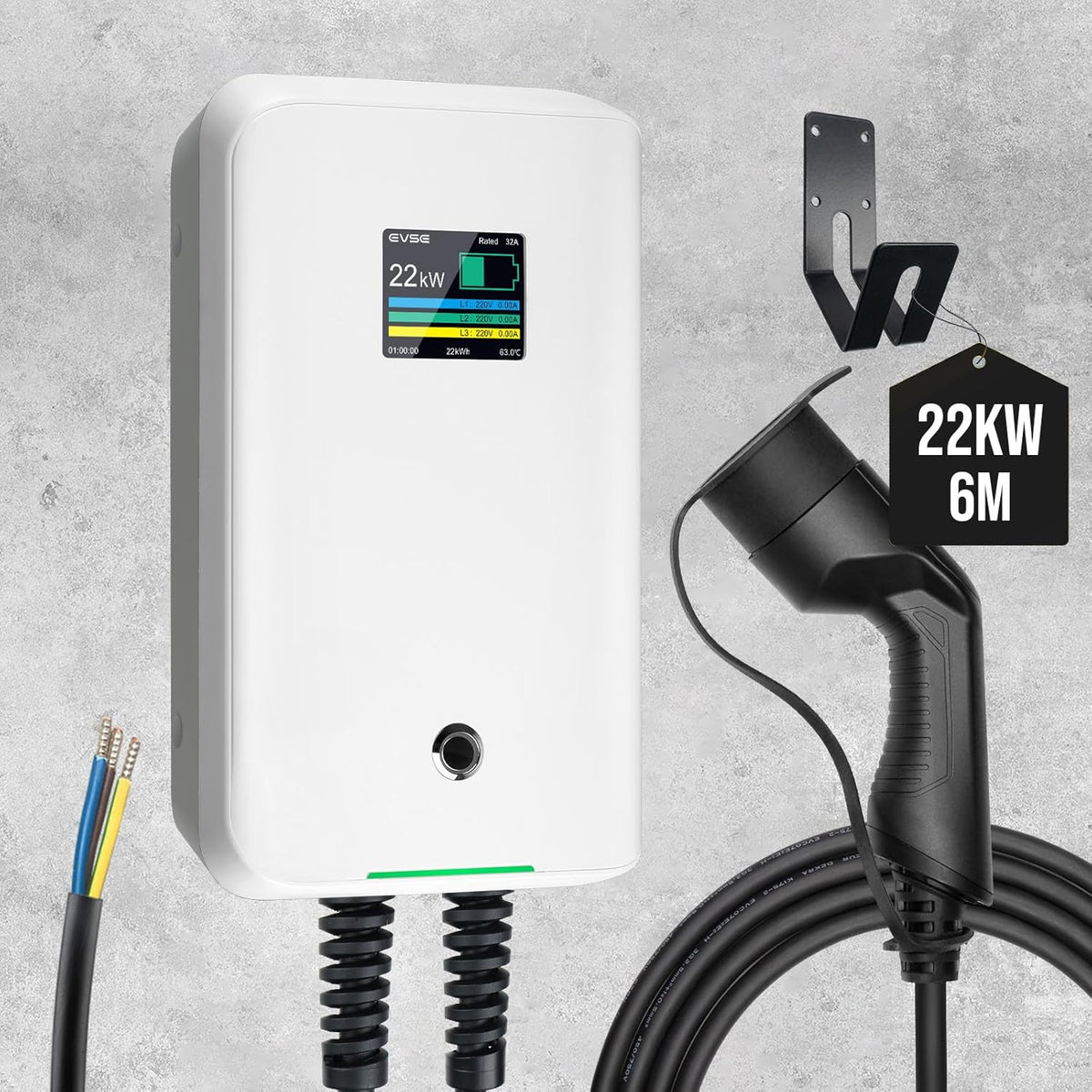Morec 22KW driefasig EV laadstation laadkabel 32A EU standaard wandbox Type 2 oplader IEC 62196-2 stekker met stroomkabel naar verdeelkast Draagbare snelwanddoos 6.1m