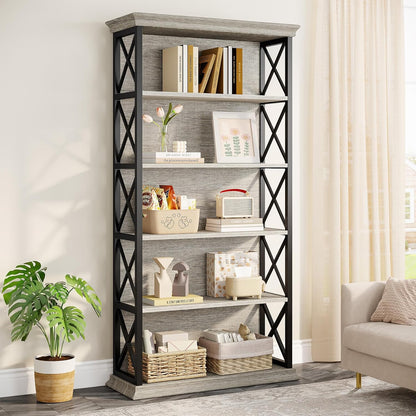 Tribesigns Bookcase, 6 Floors, 180 cm, Industrial Style, Freestanding, 5 Shelves, Tall Bookcase for Home Office, Living Room, Bedroom, Grey