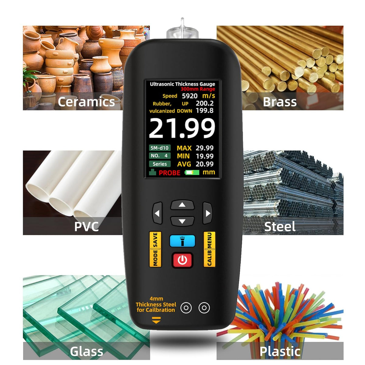BSIDE Ultrasone diktemeter, 1-300 mm, oplaadbaar, 7,1 cm, lcd-kleur-metaaldikte, met sonde voor metalen materialen