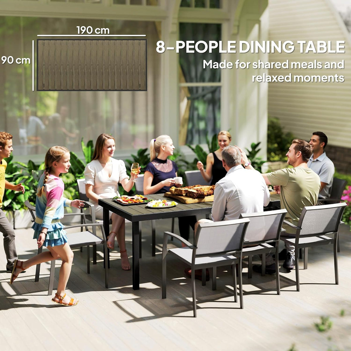 Tuintafel – Tuin Eettafel – Balkontafel – Picknicktafel – Buiten Tafel – Weerbestendig Kunststof Blad – Aluminium Frame 190x90 cm – 8 Persoons