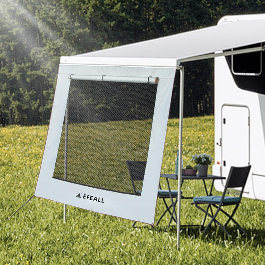 Zonwering, voorwand voor camper, 2 x 4,8 m, UPF 50+ bescherming, regenbestendig, met verstelbaar panoramavenster (stof + net), zonblokkerende luifel voor biezen met Ø 5-7 mm, incl