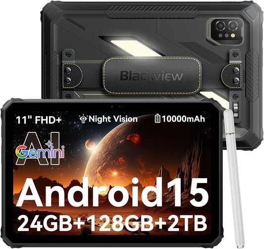 Blackview Active 7 Outdoor Tablet 11 inch Rugged Tablet Android 15, Dual 4G + 5G WiFi 45W 10000mAh GeminiAI 20MP nachtzicht campinglicht 24 GB RAM + 128 GB ROM + 2 TB TF NFC/PC Mode/GPS/OTG/met stylus