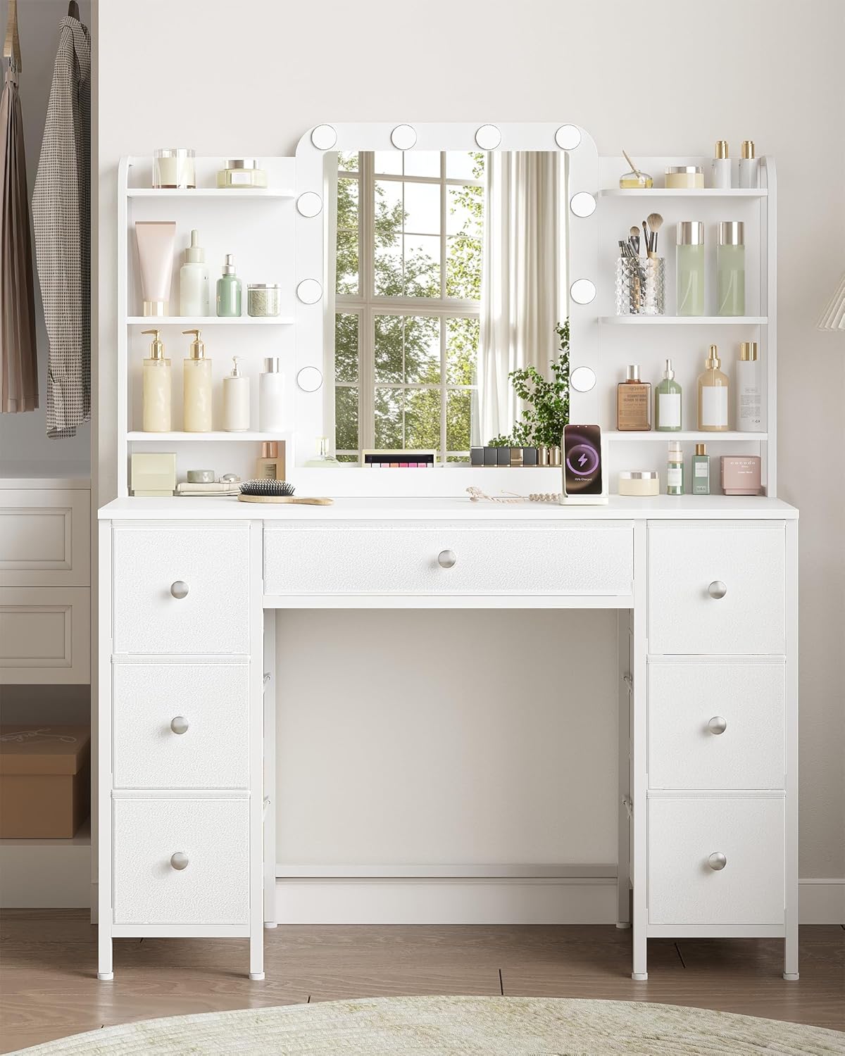 Hzuaneri LED Makeup Table, Vanity Table with Large HD Mirror, 7 Drawers and 6 Storage Compartments, Dressing Table for Bedroom, Modern White DT42303XEU