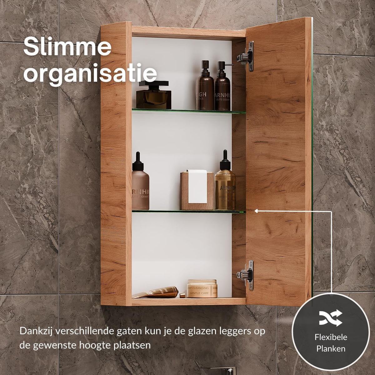 Planetmöbel bathroom cabinet set Washbasin with vanity unit 45 x 60 x 33 cm with mirror cabinet 40 cm for bathroom & guest toilet, gold oak - QUORE