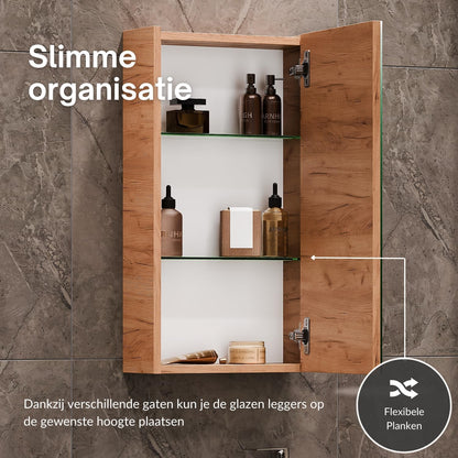 Planetmöbel bathroom cabinet set Washbasin with vanity unit 45 x 60 x 33 cm with mirror cabinet 40 cm for bathroom & guest toilet, gold oak - QUORE