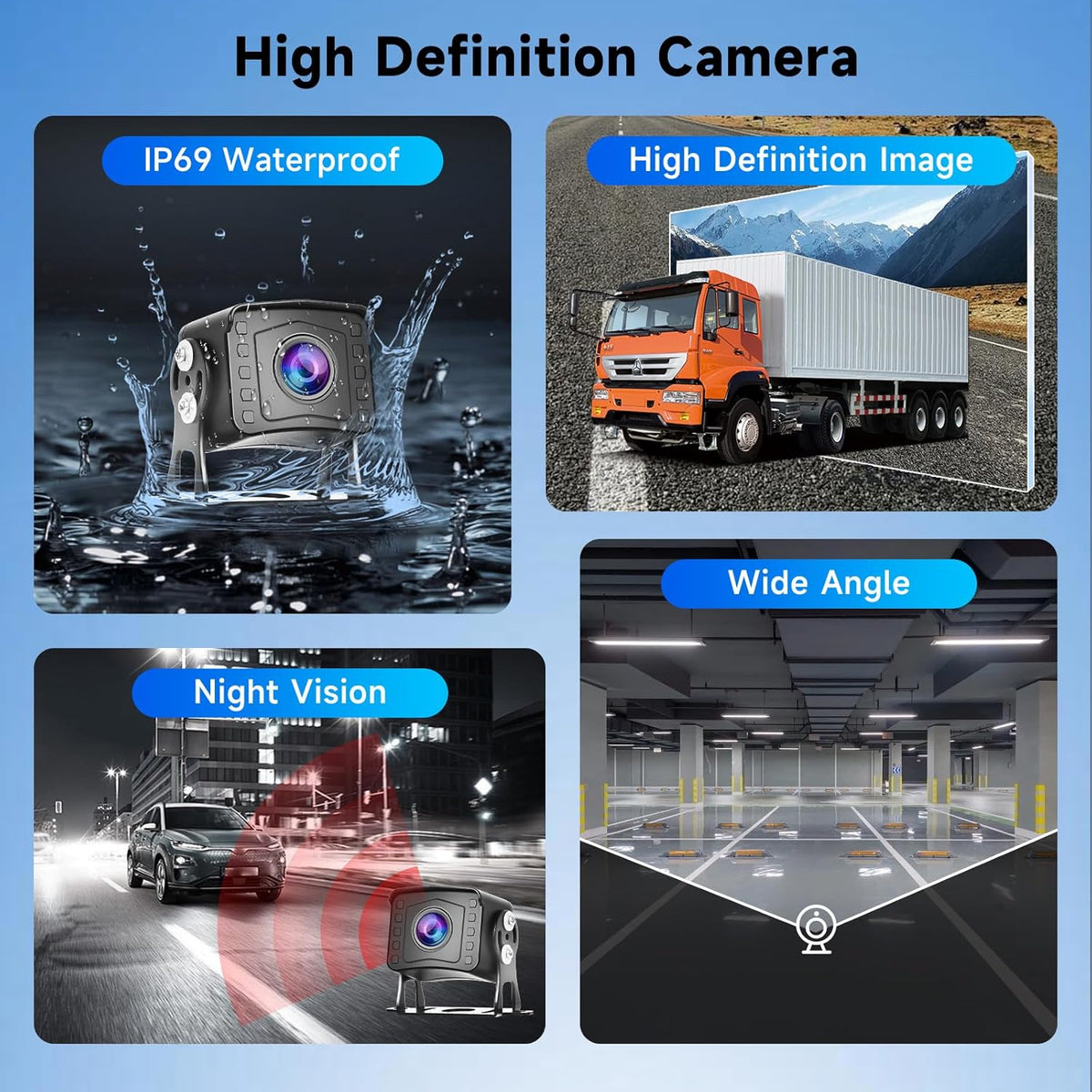 Achteruitrijcameraset, 9-inch LCD-monitor met 2 AHD-achteruitrijcamera's, IP69 waterdicht, nachtzicht met 10 m + 10 m kabel, voor auto's, pick-ups, vrachtwagens, kleine campers, campers DC12V-35V