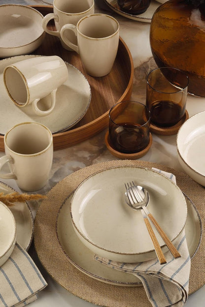 Elegante 16-delige dinerset, 100% porselein, crèmekleur, inclusief 4 borden (24 cm), borden (20 cm), kommen (15 cm), mokken, vaatwasmachinebestendig en magnetronbestendig