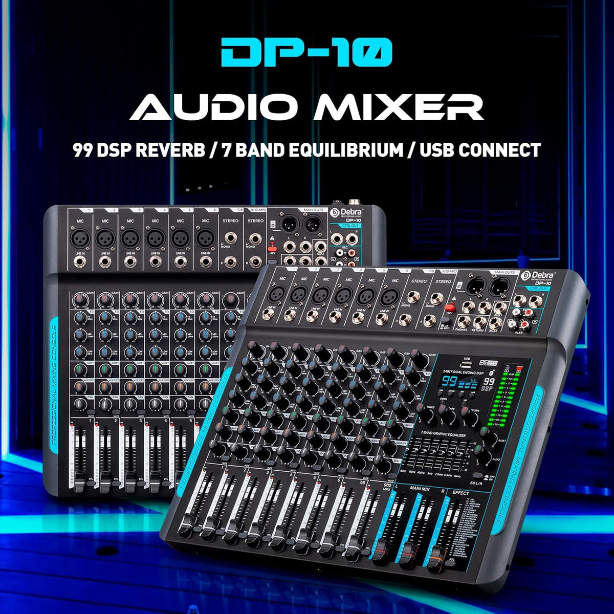 Audiomixer, 10-kanaals professionele stereomixer, 99 DSP Reverb, 7-bands equalizer, USB, 48V fantoomvoeding, One-Click Mute voor DJ, opname, podium (10-kanaals)