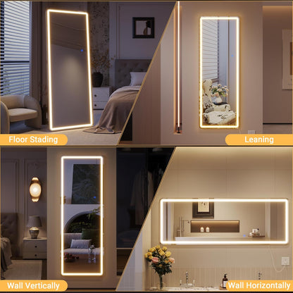 Staande Spiegel Grote 178 x 65 cm, Lange Spiegel met Verlichting, Groot LED Wandspiegel, Volledige Lengte Passpiegel met Standaard, Vrijstaande Vloerspiegel voor Woonkamer Hal (Zwart XXL)