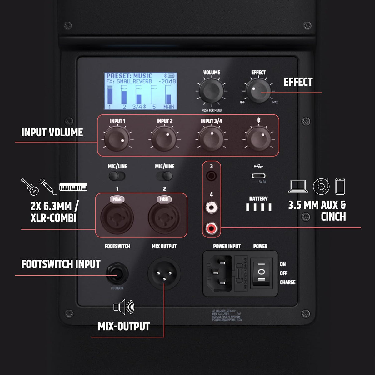 Draagbare Bluetooth PA-luidspreker – Bluetooth Speaker – Actieve Speaker – PA Speaker – Luidspreker – Puur Wit – 8 Inch – Geïntegreerde 5-Kanaals Mixer