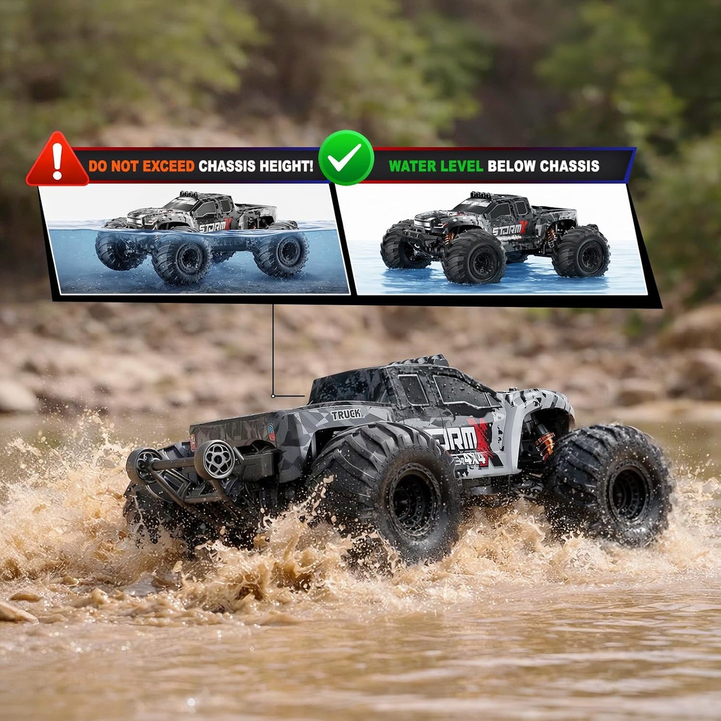 RC Auto 1:14 – RC Wagen – Radiografisch Bestuurbare Auto – Monstertruck – Offroad Voertuig – 4x4 Vierwielaandrijving – 40 km/u Snelheid – 2×1300mAh Batterijen & 2 Sets Banden