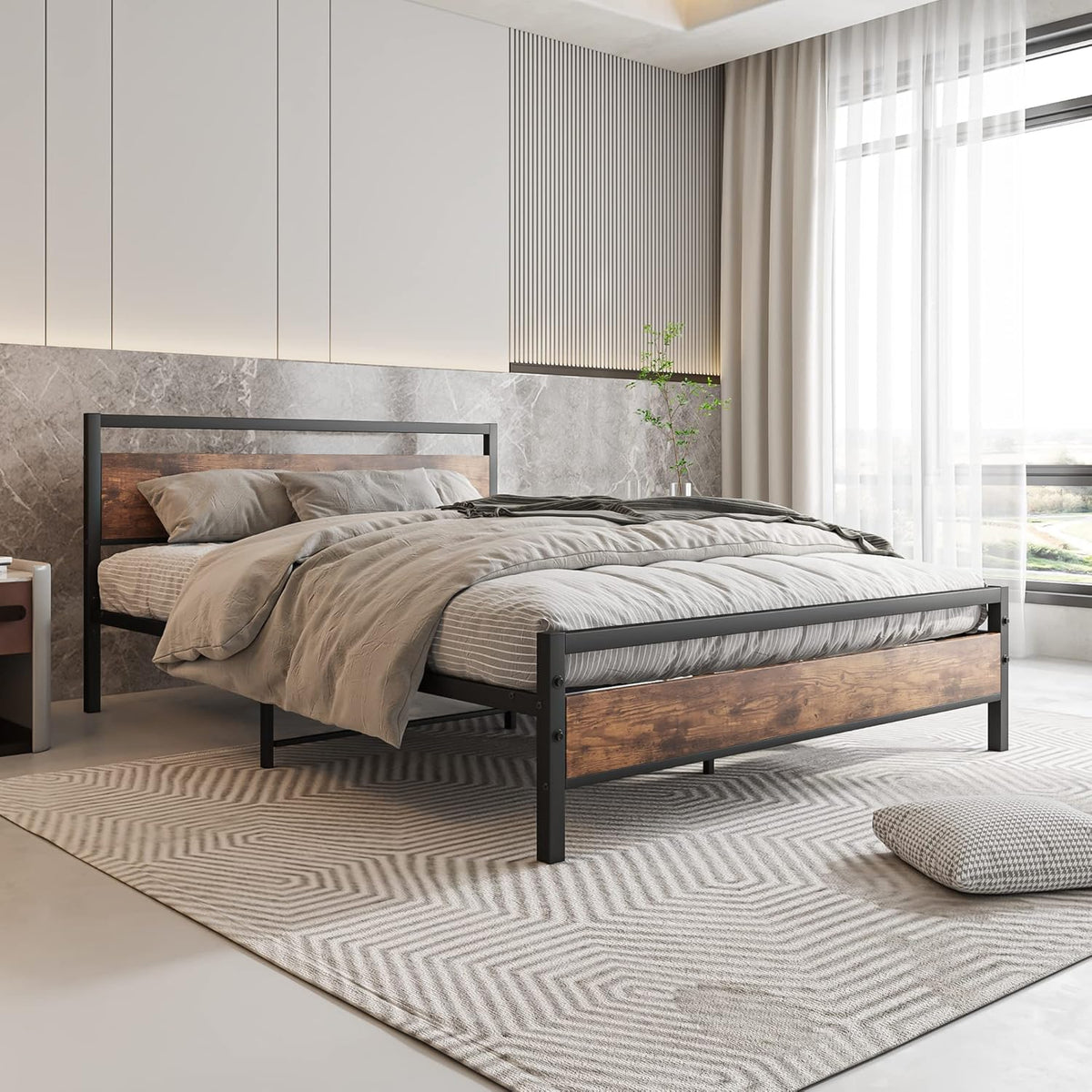 HOJINLINERO Kingsize bedframe met houten hoofdeinde, metalen platformbedframe kingsize matrasbasis, metalen lattensteun en opbergruimte onder bed, massief metalen bedframe tweepersoonsbed, zwart