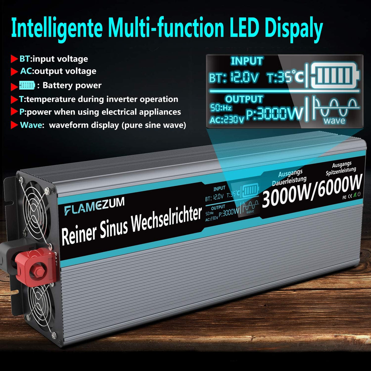 <font dir="auto" style="vertical-align: inherit;"><font dir="auto" style="vertical-align: inherit;">        FLAMEZUM 3000W Inverter 12V to 230V Pure Sine Wave Voltage Converter with Remote Control, LED Display, 2 EU AC Sockets, and 2 USB Ports for Cars, C