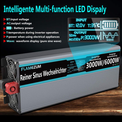 <font dir="auto" style="vertical-align: inherit;"><font dir="auto" style="vertical-align: inherit;">        FLAMEZUM 3000W Inverter 12V to 230V Pure Sine Wave Voltage Converter with Remote Control, LED Display, 2 EU AC Sockets, and 2 USB Ports for Cars, C