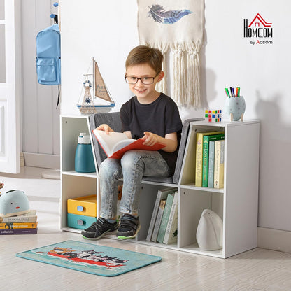 HOMCOM Children's Shelf Bookshelf with Stool Children's Bench with 6 Compartments Seat Box with 3 Cushions Toy Box from 3 Years Foam White + Grey 103 x 30 x 60 cm - QUORE