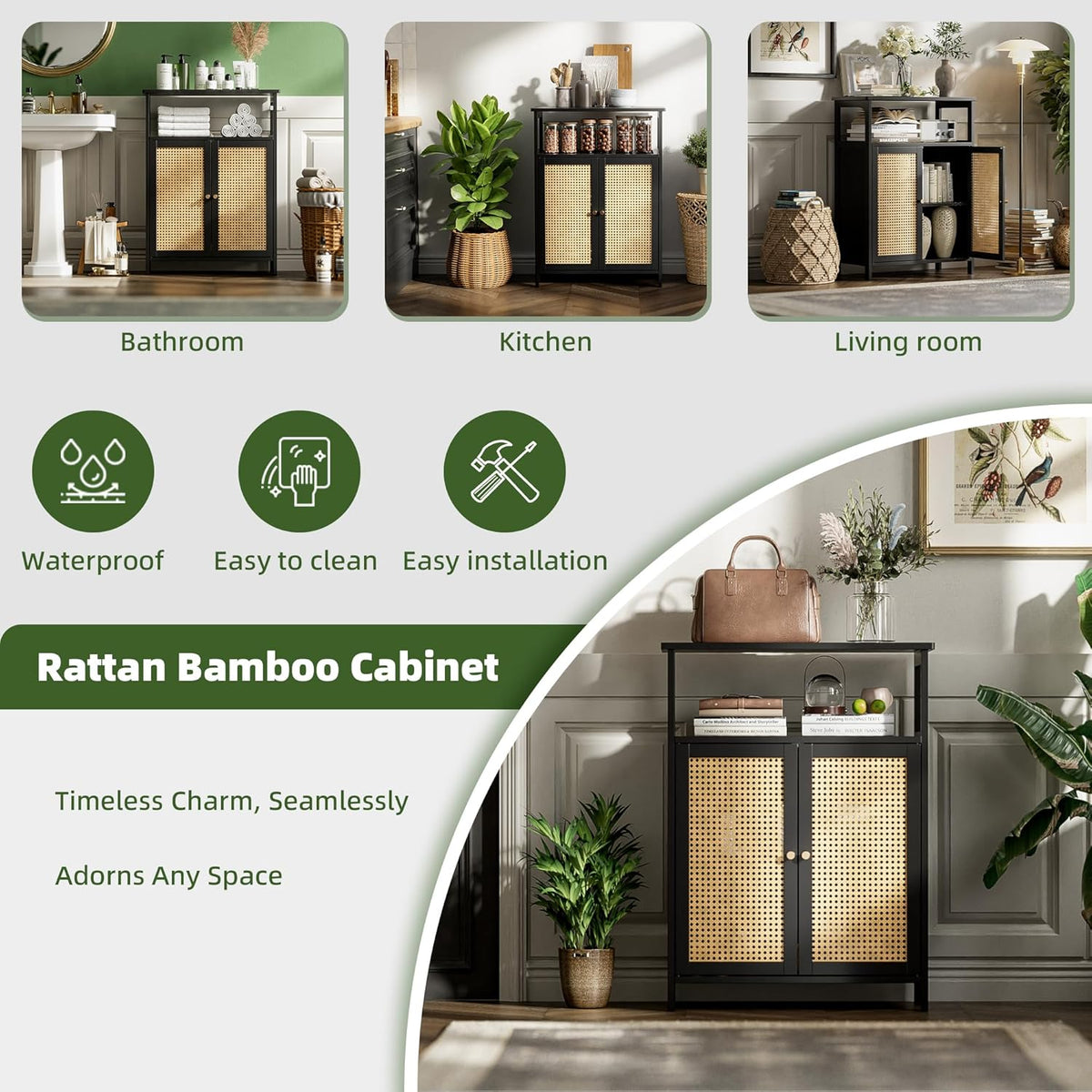 Bamboe Vloerkast – Opbergkast – Badkamerkast – Bijzettafel – Kast Met Rotan Deuren – Compact Formaat – Duurzaam Bamboe Materiaal - QUORE