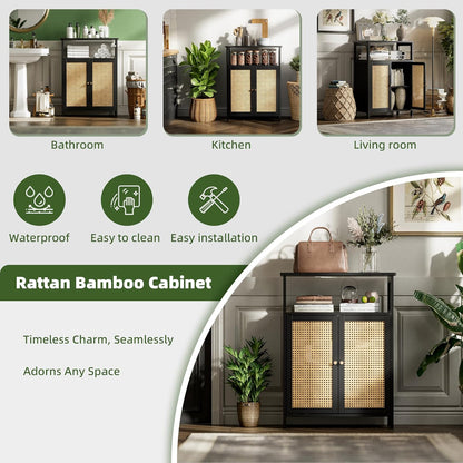 Bamboe Vloerkast – Opbergkast – Badkamerkast – Bijzettafel – Kast Met Rotan Deuren – Compact Formaat – Duurzaam Bamboe Materiaal - QUORE