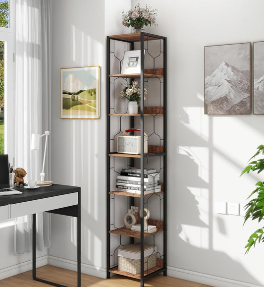 Boekenkasten, staande planken, 6 niveaus, hoekboekenkast, industrieel hoekrek, slank rek voor thuiskantoor, rustieke vierkante kasttoren voor kleine ruimtes