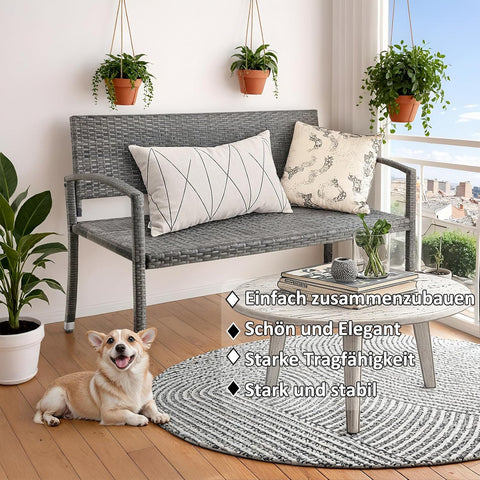 Tuinbank - Buitenbank - Terrasbank - Balkonbank - 2-zitsbank - met Staal Frame - Armsteunen - Tuinmeubelen - voor Tuin - Terras - Balkon - Polyrotan - 122 x 60 x 85 cm - Grijs