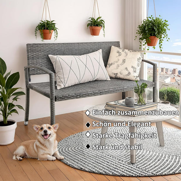 Tuinbank - Buitenbank - Terrasbank - Balkonbank - 2-zitsbank - met Staal Frame - Armsteunen - Tuinmeubelen - voor Tuin - Terras - Balkon - Polyrotan - 122 x 60 x 85 cm - Grijs