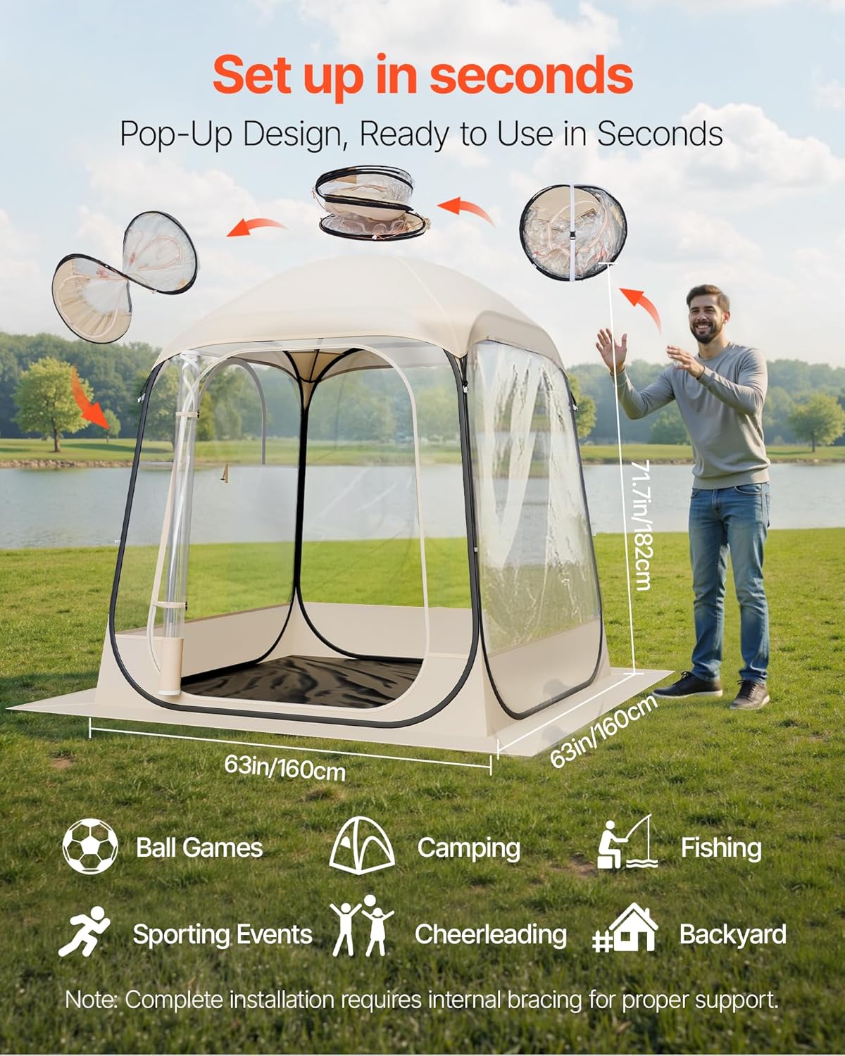VEVOR Pop-up-sporttent, transparant, 160 x 160 cm, voor 2 tot 4 personen, waterdichte capsule voor buiten, met mat en afdekking, igloo koepeltent voor de tuin