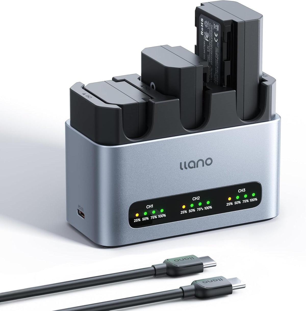 llano 3-pack NP-FZ100 2400 mAh batterijen & 30W snellader, drievoudige sleuf voor Sony A7III A7IV A6700 FX3 FX30 A9 A7C A7CII A7RV A7RIII A6600 ZV-E1 ZV-E10II A1 FX2, USB-C, LED-display, CNC-aluminium